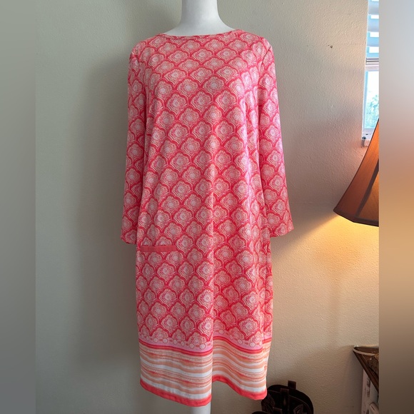 Cabana Life Coral & Pink  Patterned Long Sleeve Dress NWT - Picture 2 of 3